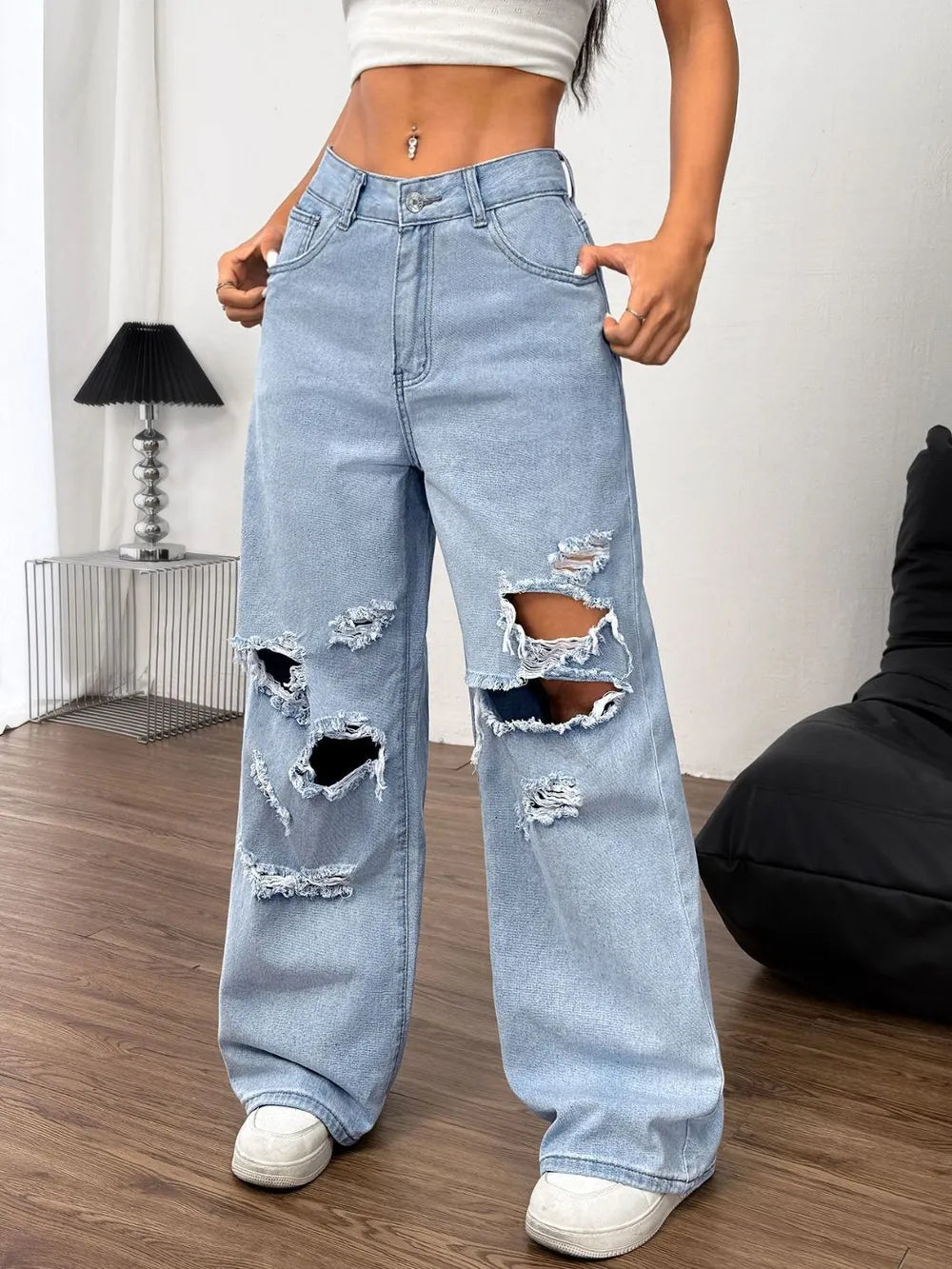 Luxue Rebel Distressed Wide-Leg Jeans