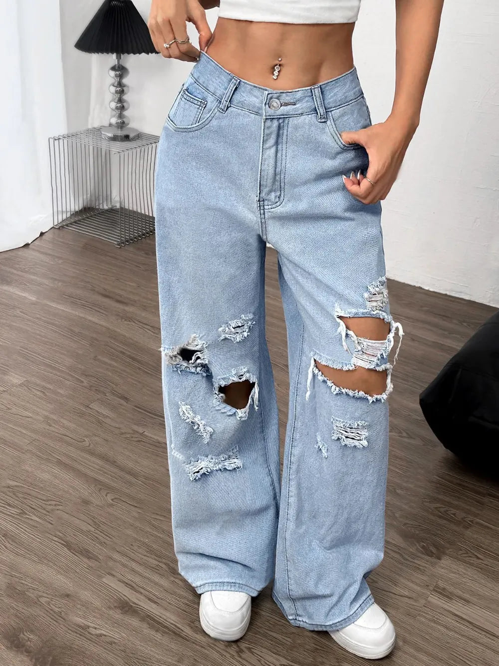 Luxue Rebel Distressed Wide-Leg Jeans