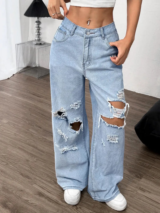 Luxue Rebel Distressed Wide-Leg Jeans