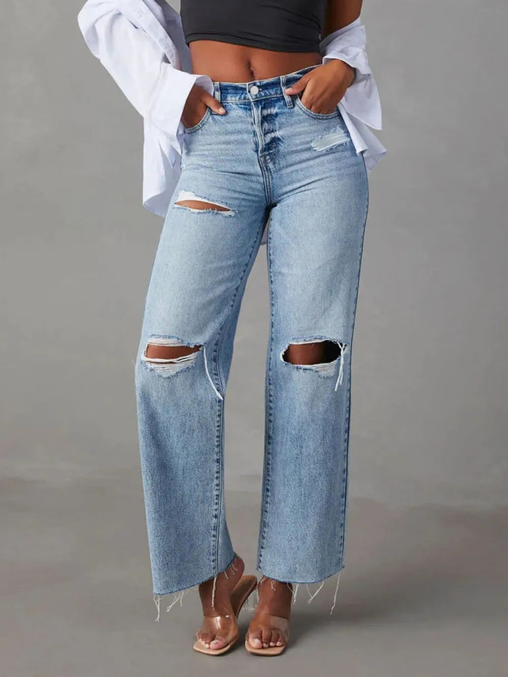 Luxue Classic Distressed Straight-Leg Jeans