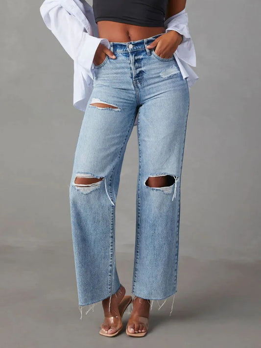 Luxue Classic Distressed Straight-Leg Jeans