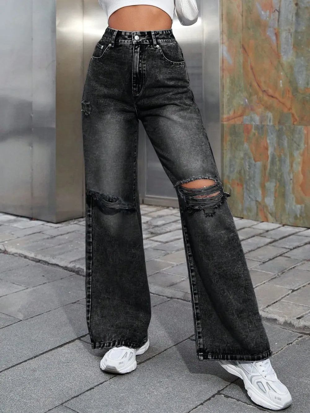 Luxue Urban Drift Distressed Wide-Leg Denim