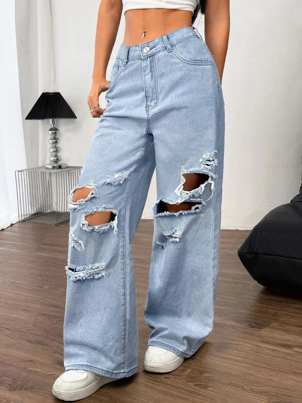 Luxue Rebel Distressed Wide-Leg Jeans