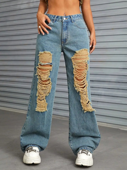 Luxue Medium Distressed Wide-Leg Jeans