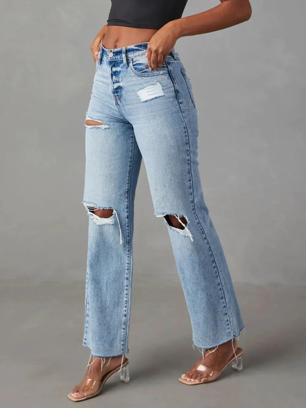 Luxue Classic Distressed Straight-Leg Jeans