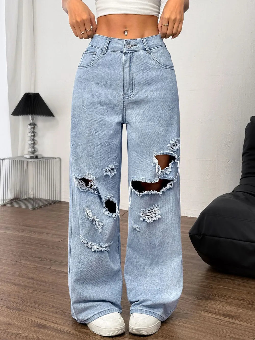 Luxue Rebel Distressed Wide-Leg Jeans